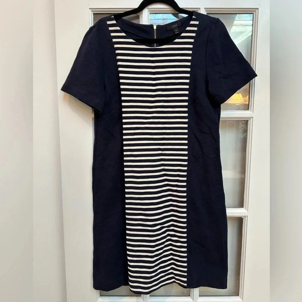 J. Crew | Navy Blue Ivory Texture Striped Cotton Shift Dress Women’s Size 10